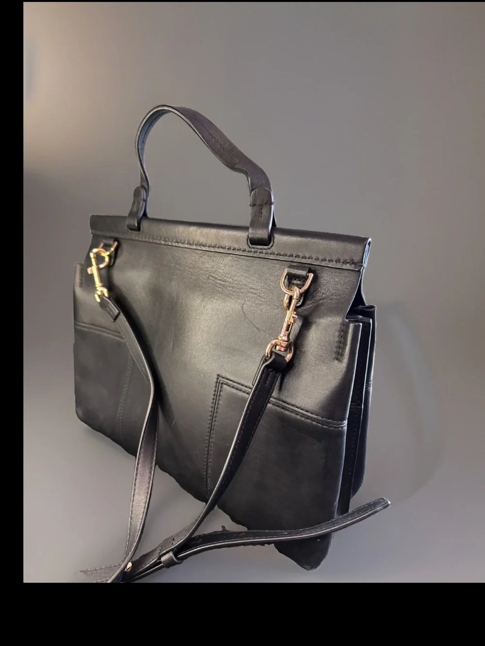 TORY BURCH Black Smooth Leather Block T Satchel Bag With Strap
